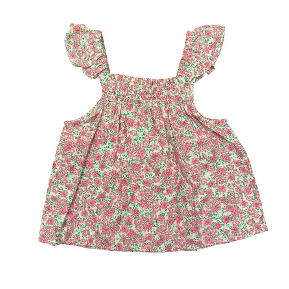 Copper‎ Key Girls Pink Floral Smocked Tank Top Ruffle Straps Size Small 7